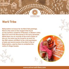 an advertisement for the warli tribe with a man sitting on a stool and writing