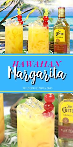 the hawaiian margarita cocktail is ready to be served at an outdoor bar with pineapples and