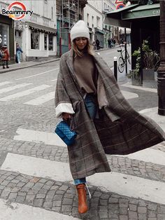 Retro Plaid Pattern Turndown Collar Oversized Long Coat Female Fashion Loose Pocket Woolen Jacket Long Coat Fashion, Long Coat Women, Turndown Collar, Woolen Coat, Brown Leather Jacket, Long Sleeve Plaid, Women Sleeve, Outfit Inspo Fall, Fashion Chic