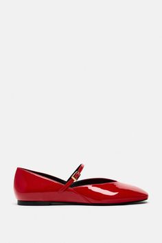 PATENT EFFECT FAUX LEATHER MARY JANES - Red | ZARA United States Flats With Ankle Strap, Patent Ballet Flats, Red Ballet Flats, Mary Jane High Heels, Shiny Shoes, Skirt Co Ord, Mary Jane Heels, Mary Jane Flats, Leather Mary Janes