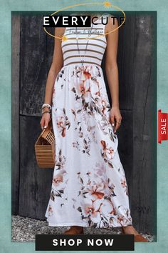 White Striped Floral Print Sleeveless Maxi Dress with Pocket Casual Strapless Sleeveless Dress With Floral Print, Casual White Strapless Sundress, White Floral Print Maxi Sleeveless Dress, White Floral Print Sleeveless Maxi Dress, White Strapless Sleeveless Vacation Dress, Casual White Strapless Maxi Dress, Floral Stripe, Sleeveless Maxi Dress, Breathable Fabric