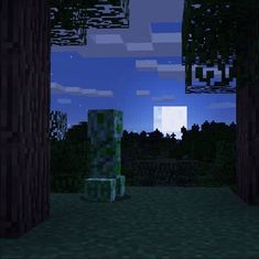 an image of a night scene in minecraft with trees and bushes on the ground