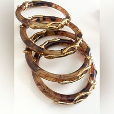 4 Bangles With Tortoise Carr Material And Snake Gold Hardware Detailing - Comes As A Set Purchased From A Jewellery Store In Switzerland Like New, In Very Good Condition Tortoise Shell Accessories, Gold Bangle Stack, Bangle Stack, Stacked Bangles, Sugar Cravings, Jewellery Store, Gold Snake, Gold Bangle, Gold Bangles