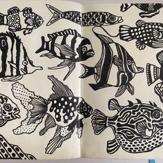 an open book with black and white fish on it