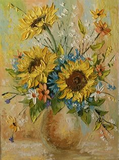 a painting of sunflowers and daisies in a vase