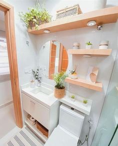 a white bathroom with wooden shelves and plants on the shelf above the sink, along with a toilet