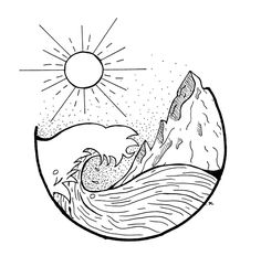 a black and white drawing of a wave in the ocean with a sun above it