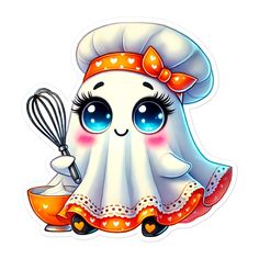 a cartoon character with a whisk in her hand and an orange bow on her head