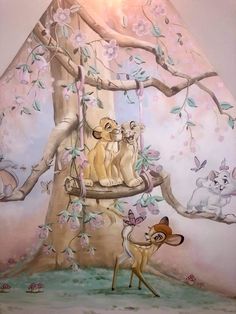 a painting of two lions on a swing in front of a tree with pink flowers