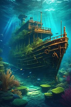 an underwater scene with a ship in the water