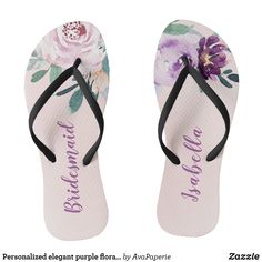 a pair of personalized flip flops with flowers on them