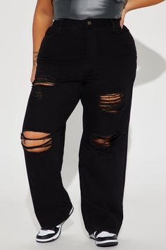 Available In Black. Wide Leg Jeans 11.75" High Rise 5 Pocket Distressed 30.5" Inseam Non Stretch Disclaimer:Due To The Specialized Wash & Distressing Process, Each Garment Is Unique 64% Cotton 33% Polyester 3% Rayon Imported | Whatever You Say Ripped Wide Leg Jean in Black size 15 by Fashion Nova Black Ripped Wide Leg Bottoms, Black Distressed Wide Leg Jeans, Ripped Non-stretch Wide Leg Bottoms, Wide Leg Distressed Washed Black Jeans, Ripped Washed Black Denim Bottoms, Sweater Jumpsuit, Size 13, Personal Marketing, Size 16