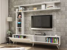 there is a tv on the wall in this living room with bookshelves and shelves