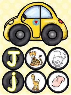 a yellow car with black wheels and pictures on it's side, in front of the words j is for j