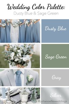 Dusty Blue & Sage Green Wedding Color Palette: dusty blue, sage green, gray, silver, and wedding photos Blue Motif Wedding Color Palettes, Bridal Party Colours Color Schemes, Sage Green Motif Wedding, Green Motif Wedding Ideas, Wedding Motif Color 2024, Wedding Motif 2022, Theme Colours For Wedding, Wedding Motif 2023, Wedding Motif Blue