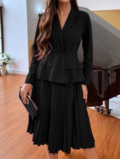 Black Elegant  Long Sleeve  Plain  Embellished Non-Stretch Spring/Fall Women Suits Luxury Workwear Dress With Voluminous Skirt, Luxury Flared Skirt For Cocktail, Luxury Ruffled Skirt For Work, Luxury Flared Skirt For Night Out, Black Embellished Pleased Skirt Dress, Luxury Pleated Dress For Work, Luxury Semi-formal Flared Skirt, Luxury Black Pleated Dress For Spring, Luxury Elegant Black Pleated Dress