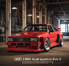 an audi quattro ev2 car parked in a garage with the words,