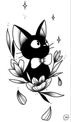 a black and white drawing of a cat sitting on top of a flower with stars in the background