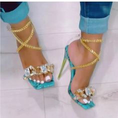 Never Worn Size 7.5 Just Bought But Decided To Switch My Outfit Glam Shoes, Versace Shoes, Okie Dokie, Bling Necklace, Ankle Chain, Large Crystal, Shoe Boutique, High Standards, Blue Sandals