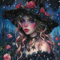 a painting of a woman wearing a witches hat with flowers on her head and stars in the sky