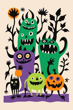 an image of halloween monsters with pumpkins