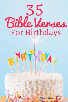 a birthday cake with candles that say, 5 bible verses for birthdays