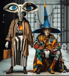 two mannequins dressed in colorful clothing and hats