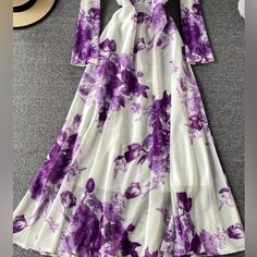 Vintage Shirt Collar Dress Women Spring Autumn Pullover Ink Painting Print Slim Long Maxi Dresses Long Sleeve Femme Robe Purple Long Sleeve Maxi Dress For Spring, Purple Chiffon Long Sleeve Maxi Dress, Long Sleeve Purple Chiffon Maxi Dress, Feminine Purple Long Sleeve Maxi Dress, Purple A-line Spring Maxi Dress, Elegant Purple Maxi Dress For Day Out, Maxi Dresses Long Sleeve, Shirt Collar Dress, Chiffon Long Dress