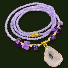 Handmade Purple Beads with Natural Raw Amethyst Chips and Quartz Crystal  Pendant Gold Detail Waist Beads Waist Chain Belly Chain Body Jewellery  Gold screw clasp Made to fit  Waist line / Upper hip line / hip line  Amethyst is the most popular variety of quartz crystals that is considered the most powerful and protective stone. It is a semiprecious violet stone that is often used in jewelry and for healing purposes. This purple crystal has the power to calm the mind leading it into a subtle awareness. Check out more of my waist Beads collection 🤍 https://etsy.me/3JbHvCJ Purple Beaded Chain Bracelets With Round Beads, Purple Beaded Chain Bracelet With Round Beads, Bohemian Purple Beaded Chain Bracelets, Purple Faceted Beaded Bracelets For Festivals, Purple Faceted Beads Bracelets For Festivals, Purple Faceted Beads Bracelet For Festivals, Adjustable Amethyst Beads For Jewelry Making, Purple Beaded Chain Bracelets For Festival, Spiritual Purple Spacer Beads