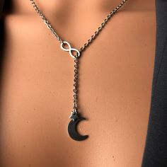 Discreet public day collar Submissive All stainless steel chain & infinity Y Lariat w/crescent moon and star drop pendant celestial Crescent Moon And Star, Drop Pendant, Stainless Steel Chain