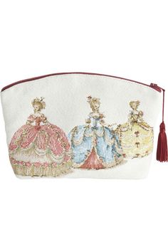 three princess crowns embroidered on a white canvas pouch with tassels and red trim