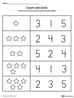 count and circle worksheet for numbers 1 - 10 with stars on it,