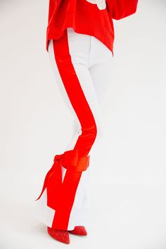 HOLIDAY SEASON WHITE FLARES FLARES Judith March White Bottoms For Christmas Holiday, Pink Flare Pants, White Flare Pants, White Flares, Mint Blue, Velvet Bow, Red Bow, Christmas Cheer, Large White