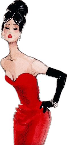 a drawing of a woman in a red dress and black gloves with her hands on her hips