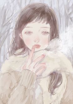 a painting of a girl in the snow with her hand on her face and looking at something