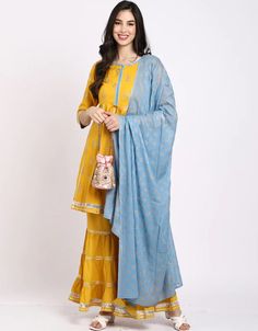 Radiate sunshine with the Yellow Rayon Sharara Suit 🌞👗 A perfect blend of vibrancy and elegance. Elevate your look with this stunning and versatile ensemble! 💃✨ #YellowShararaSuit #RayonCharm #VibrantElegance #VersatileStyle Yellow Embroidered Cotton Palazzo Set, Yellow Cotton Palazzo Set With Dupatta, Unstitched Yellow Cotton Sharara, Yellow Cotton Sharara With Resham Embroidery, Yellow Cotton Palazzo Set With Chikankari Embroidery, Yellow Embroidered Straight Kurta Set, Festive Yellow Cotton Sharara, Yellow Cotton Anarkali Set With Zari Work, Yellow Cotton Self Design Salwar Kameez