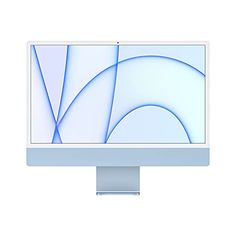 a computer monitor with a white background and blue swirls on the screen is shown