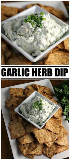 garlic herb dip in a white bowl surrounded by tortilla chips