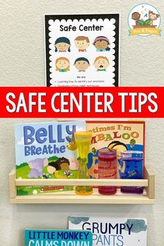 some books are sitting on a shelf with the words safe center tips written above them