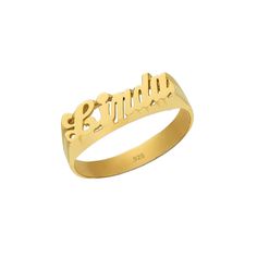 "Name jewelry is always the hottest trend. This custom made name ring is beautifully crafted in 24K Gold Plated sterling silver. This will certainly make a special gift making a perfect accessory for any occasion. This name ring measures approximately 1/4\" tall in sizes 5 thru 12, Number Name Your Choice Finished with polished to mirror shine, this name ring makes an extra elegant addition to your jewelry wardrobe. Since your name ring is handcrafted, item may slightly vary in overall appearanc Ring With Name, Diamond Engagement Rings Cushion, Gift Making, Name Ring, Name Rings, Name Jewelry, Sell Gold, Personalized Rings, Jewelry Lover