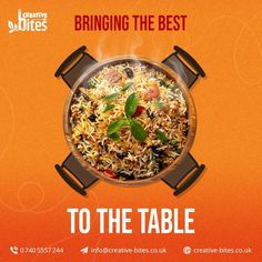 an advertisement for a restaurant called to the table with rice and olives in a frying pan