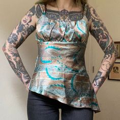 Size/material tag is faded and mostly missing. Likely polyester. Fits like a size xs/small. Ties at back waist. No major flaws I noticed. Seen on a 5'5"1/2, 33" bust & 26" waist & 39" hip. Measurements taken flat then stretched taut.  Chest: 16.5" flat up to 19" (33"-38") Underbust: 16" up to 17" (32"-34") ties smaller Length: 22" at shortest/27.5" at longest side Boho Whimsical, Whimsical Fashion, 90s Vintage, Self Esteem, Womens Tank, Womens Clothing Tops, Tank Tops Women, Paisley, Art Collection