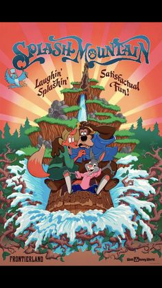 the poster for an animated show featuring cartoon characters on a waterfall with trees in the background