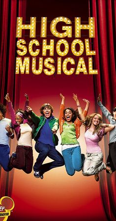 high school musical on dvd with the cast and crew jumping in front of red curtains