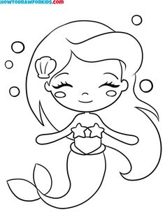 the little mermaid is swimming in the water coloring pages for kids, and it's easy