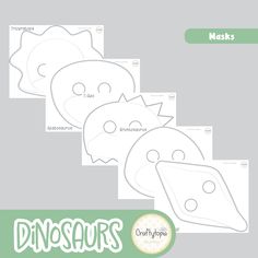 three dinosaur masks with the words dinosaurs on them and an image of two different shapes