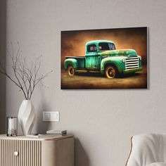 an old green truck painted on the wall