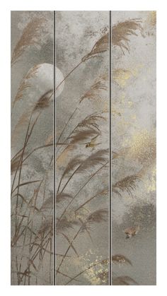 three panel wall art with grass blowing in the wind on a cloudy day, gold and grey tones