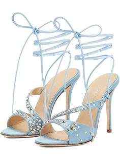 Find ALESSANDRA RICH 100mm Visocse & Silk Satin Sandals on Editorialist. 100mm Heel. Satin upper. Wraparound self-tie ankle laces. Embellished with crystals . Leather lining and insole. Leather sole Light Blue Ankle Strap Sandals For Evening, Elegant Light Blue Ankle Strap Sandals, Light Blue Evening Sandals With Wrapped Heel, Luxury Light Blue Open Toe Heels, Luxury Light Blue High Heels, Luxury Blue Sandals For Cocktail, Satin Sandals, Alessandra Rich, Ski Accessories