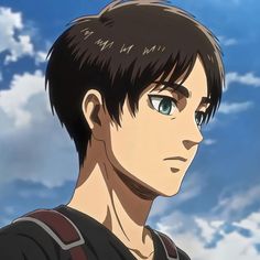 a man with black hair and blue eyes staring into the distance in front of clouds